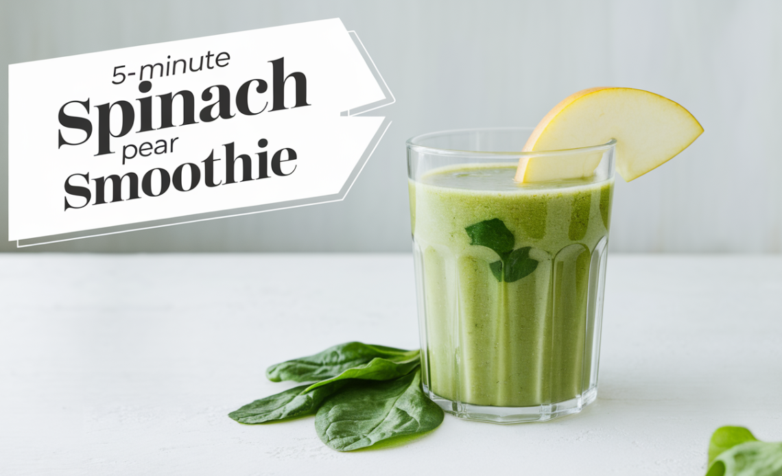 A glass of creamy, green 5-minute spinach pear smoothie, topped with a slice of pear and a few spinach leaves, placed on a wooden table.