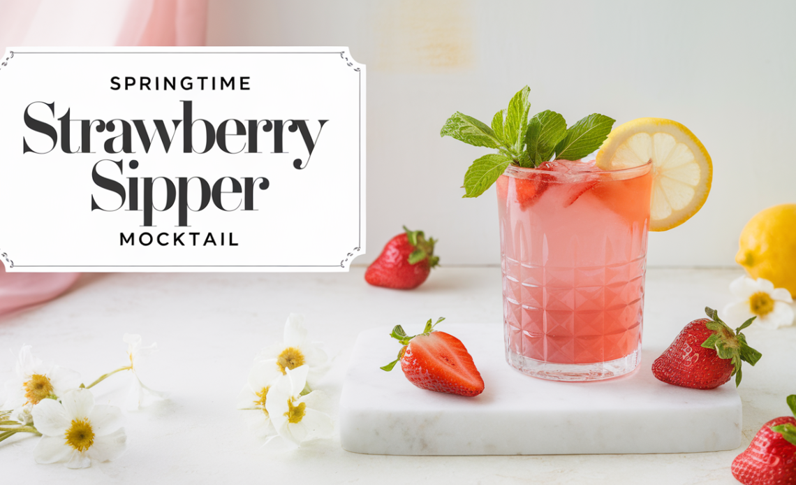 A vibrant glass of Springtime Strawberry Sipper mocktail with fresh strawberries, mint leaves, and lemon slices, served over ice in a clear glass.