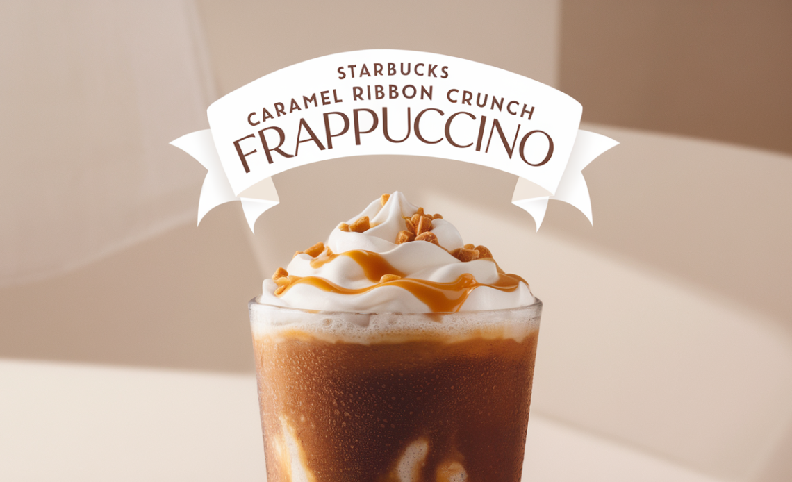 A tall Starbucks Caramel Ribbon Crunch Frappuccino topped with whipped cream, caramel drizzle, and crunchy caramel ribbon topping, served with a straw.