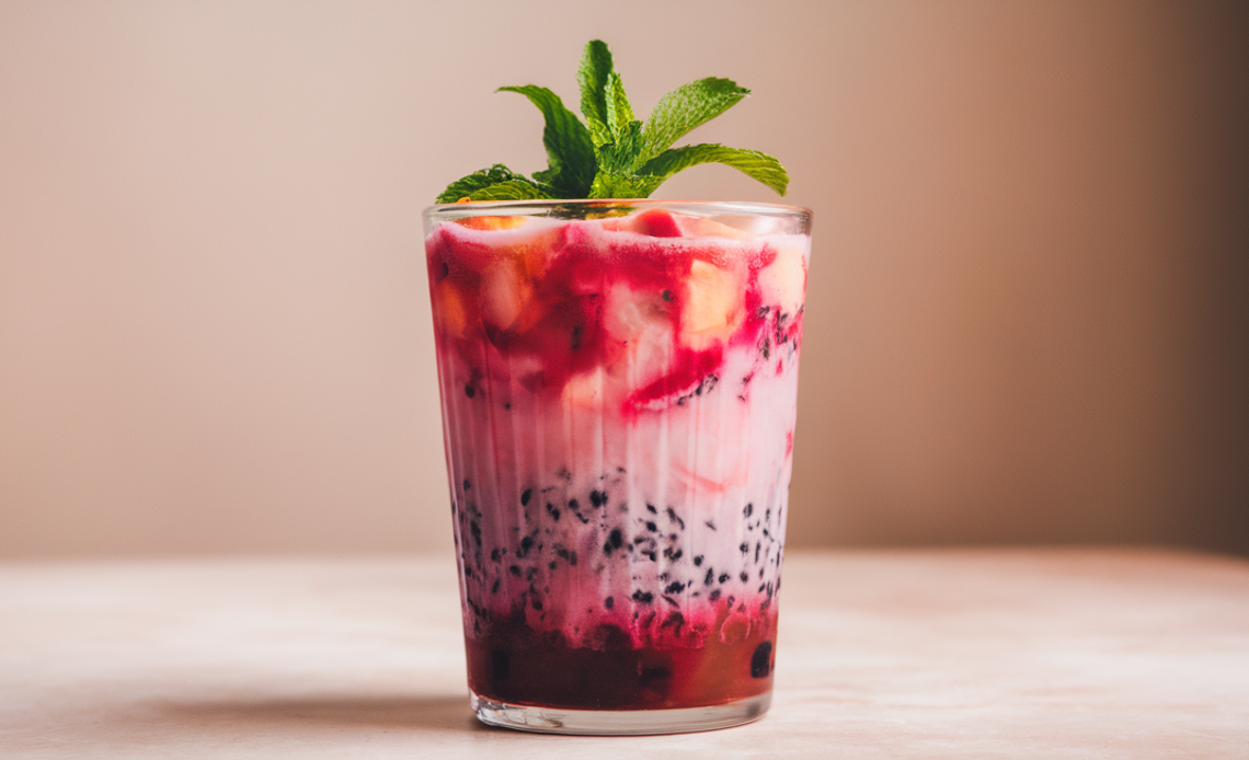 A vibrant pink Mango Dragonfruit Refresher in a tall glass, garnished with dragonfruit chunks and a slice of lime, served with a straw.