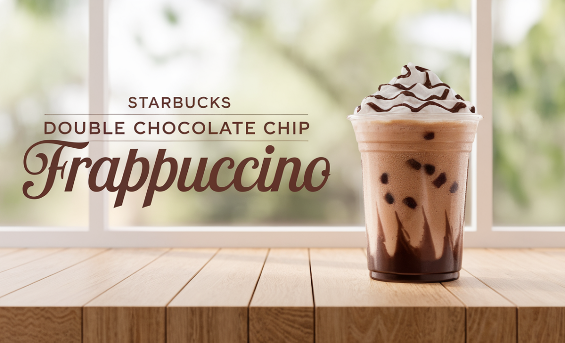 A tall glass of Starbucks Double Chocolate Chip Frappuccino topped with whipped cream and chocolate drizzle, served with a green straw.