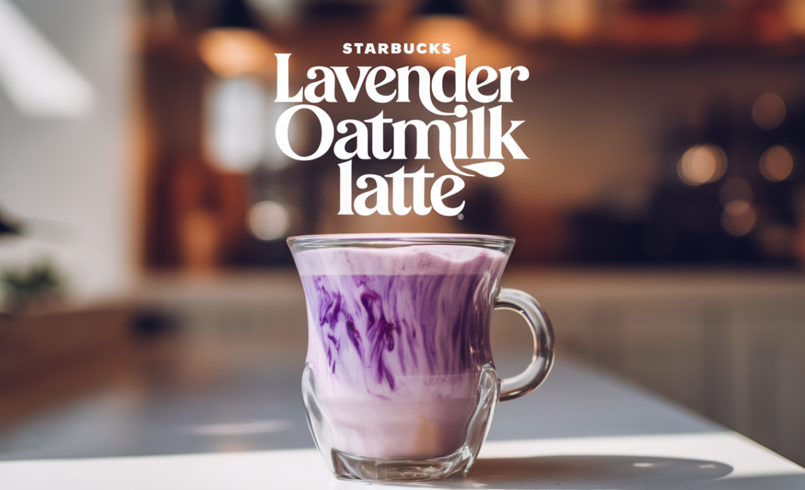 Starbucks Lavender Oatmilk Latte served in a clear glass cup with a lavender floral design, topped with a frothy foam.