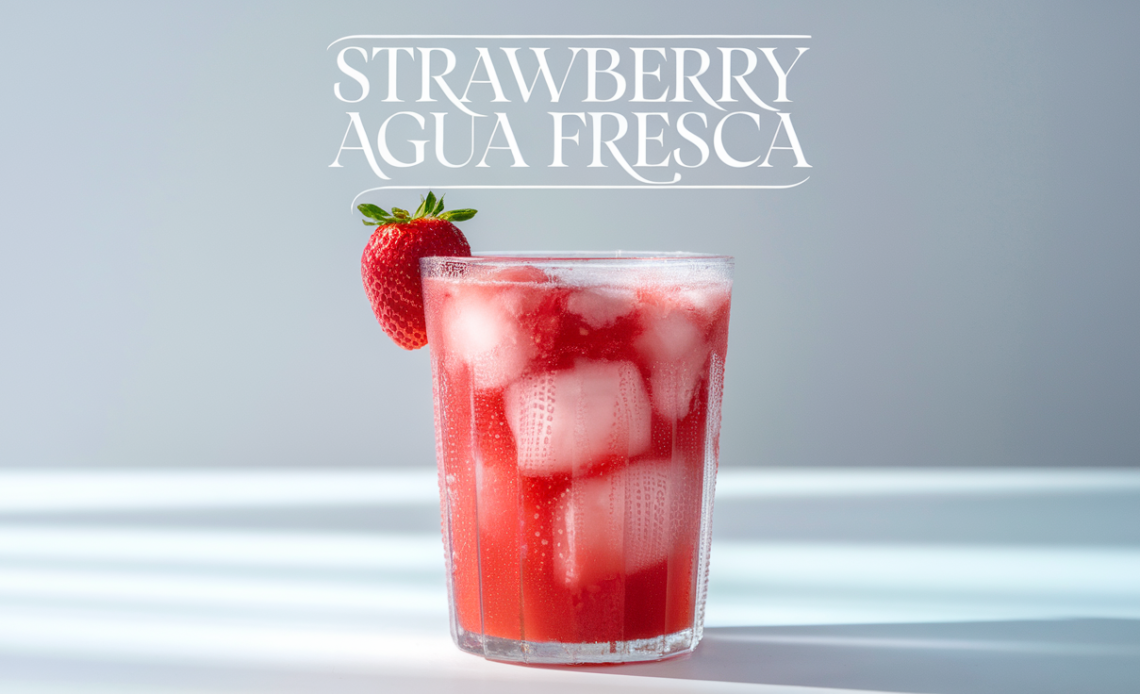 A tall glass of strawberry agua fresca, garnished with fresh strawberry slices and mint leaves, served over ice.