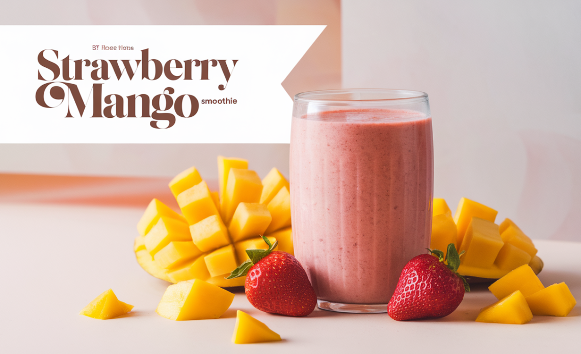 A creamy and vibrant strawberry mango smoothie in a glass, garnished with fresh strawberries and mango slices, served with a straw.