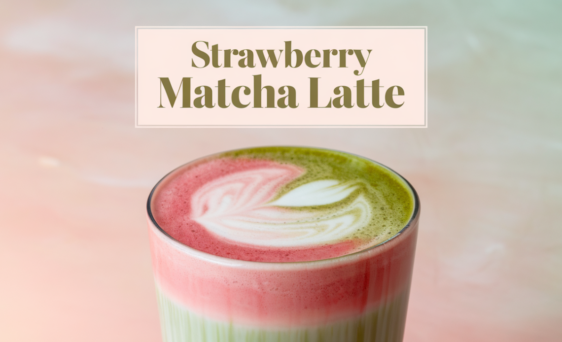 A refreshing Strawberry Matcha Latte in a clear glass cup, topped with a swirl of creamy foam, vibrant pink strawberry syrup, and a hint of green matcha powder.