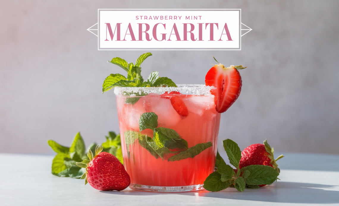 A chilled glass of strawberry mint margarita garnished with fresh strawberries, mint leaves, and a salted rim, served with ice.