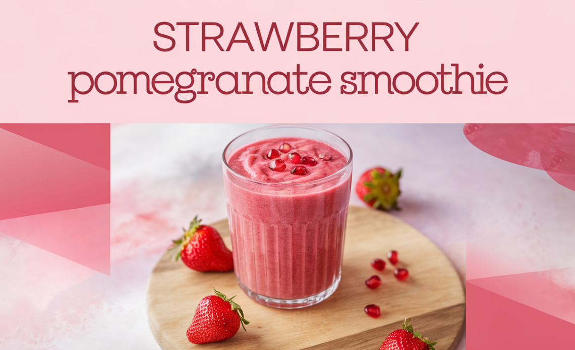 A refreshing strawberry pomegranate smoothie in a glass, garnished with fresh strawberry slices and pomegranate seeds.