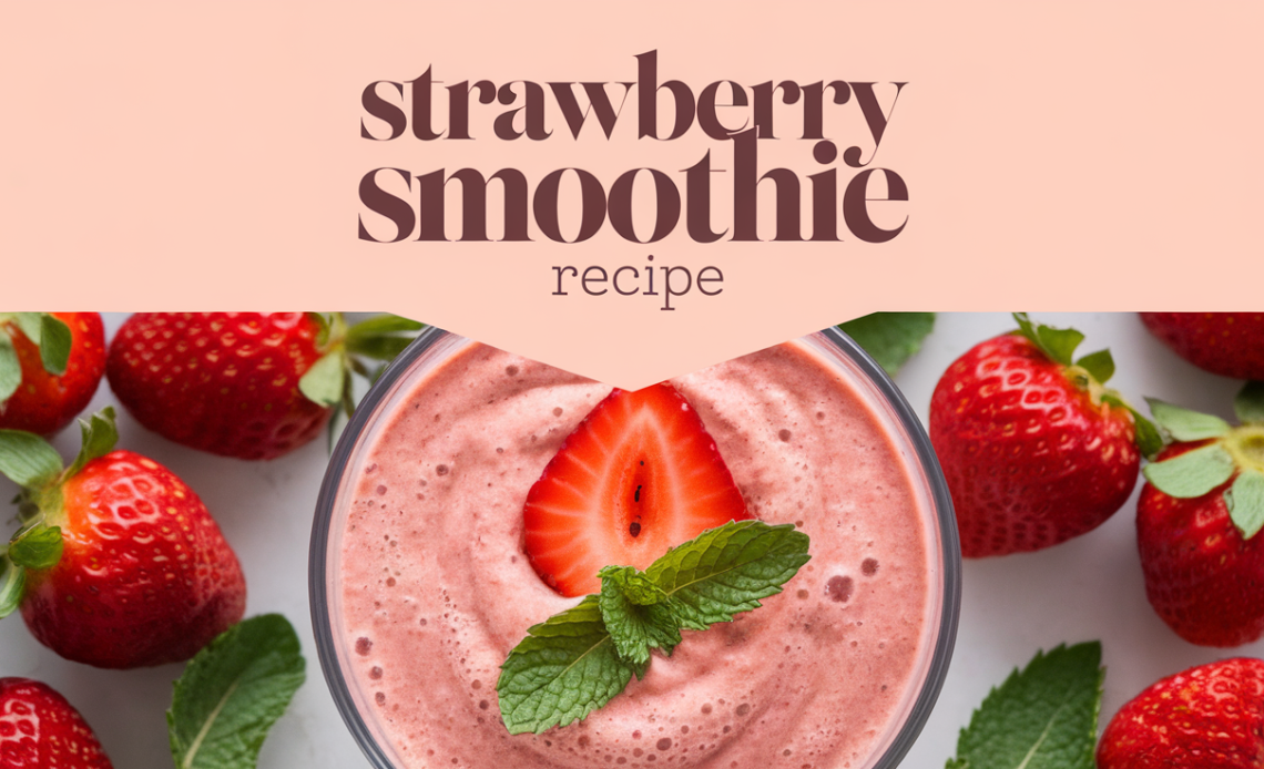 A creamy strawberry smoothie in a glass, topped with fresh strawberries and mint leaves, served with a straw.