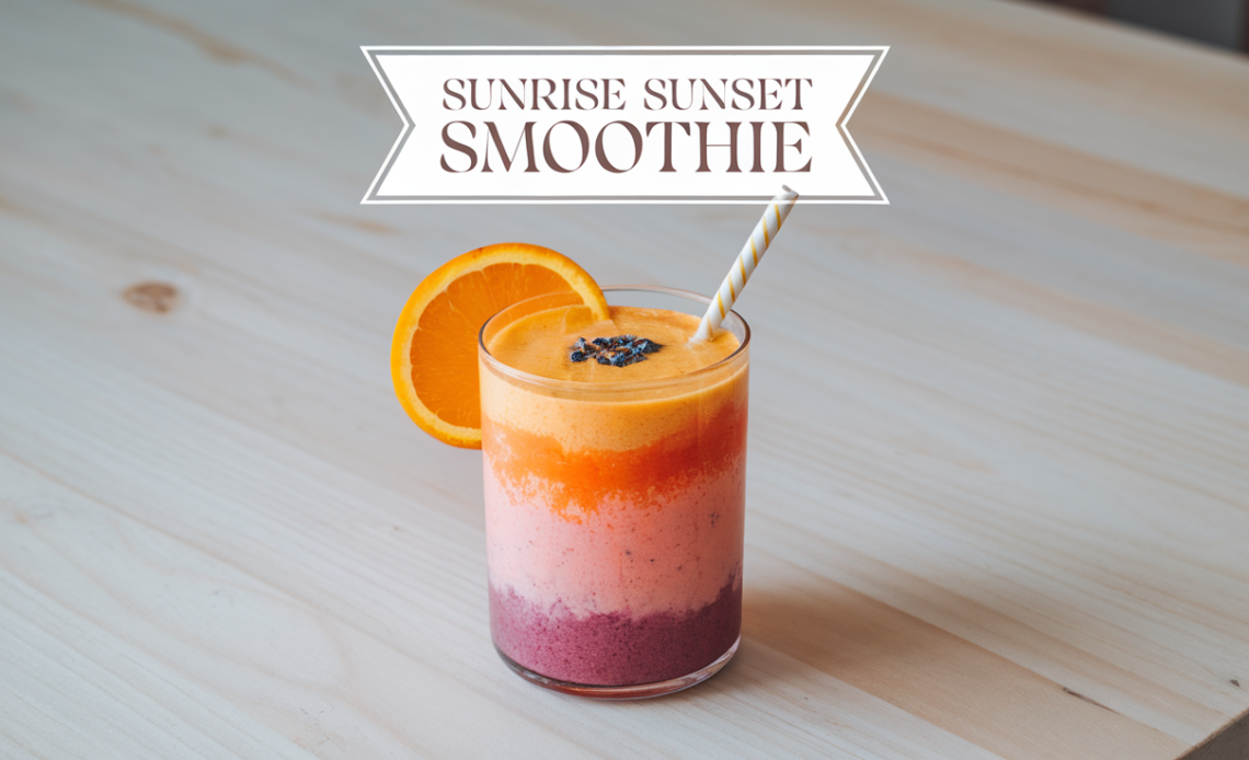 A layered Sunrise Sunset Smoothie in a tall glass, showcasing vibrant orange and pink hues, garnished with a slice of orange and a strawberry.