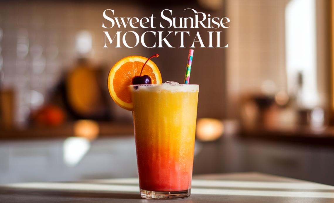 A refreshing Sweet Sunrise Mocktail in a clear glass, featuring a beautiful gradient of orange and red, garnished with a slice of orange and a cherry.