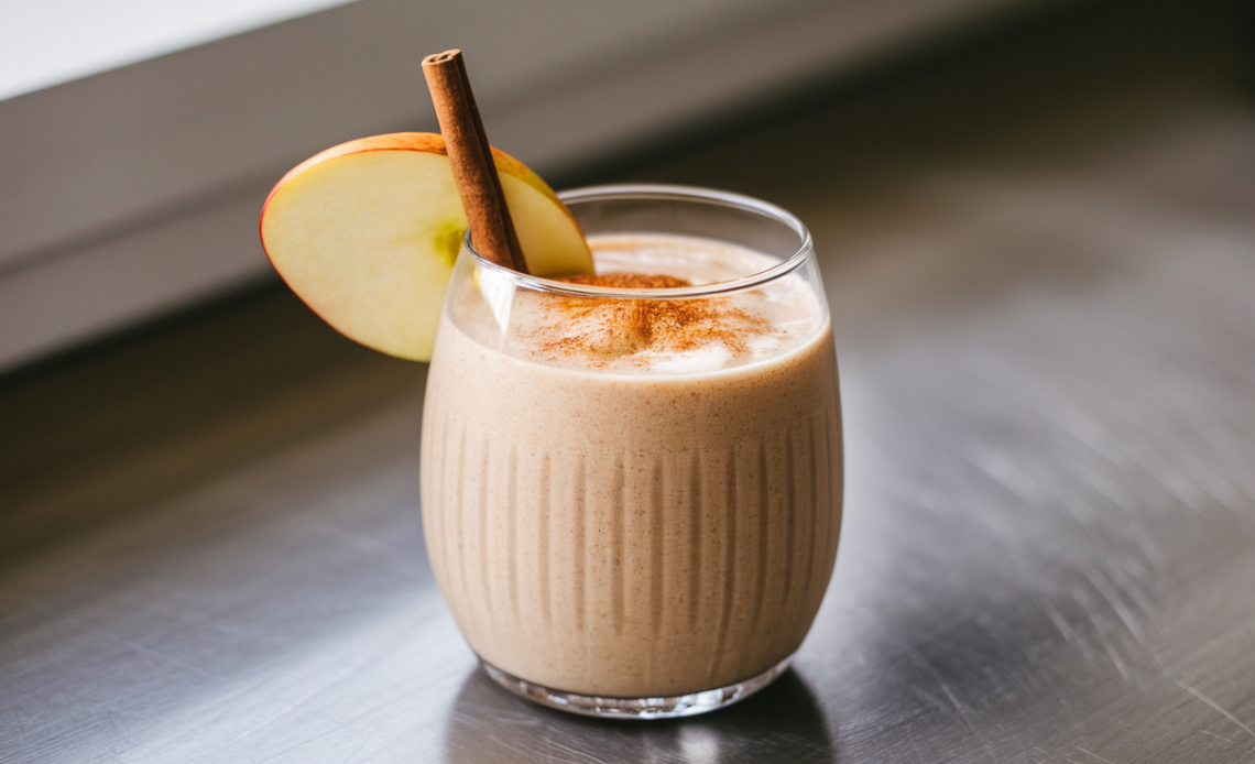 A creamy cinnamon apple smoothie in a glass, garnished with apple slices and a sprinkle of cinnamon, served with a straw.