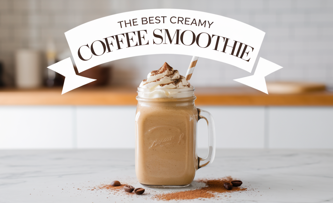 A tall glass of creamy coffee smoothie topped with a sprinkle of cocoa powder and coffee beans, served with a reusable straw.