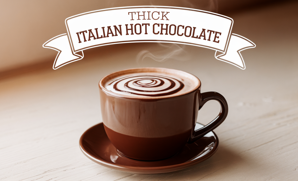 A cup of thick Italian hot chocolate topped with whipped cream and chocolate shavings, served with a spoon on the side.