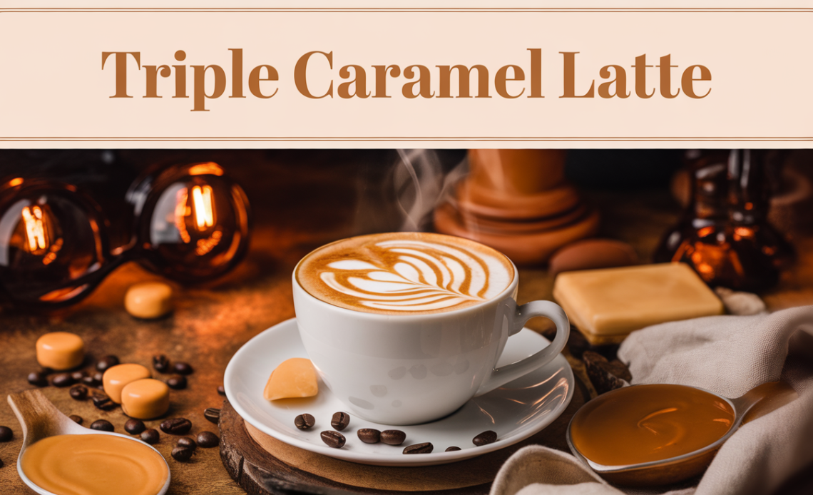 A tall glass of triple caramel latte topped with whipped cream and a caramel drizzle.