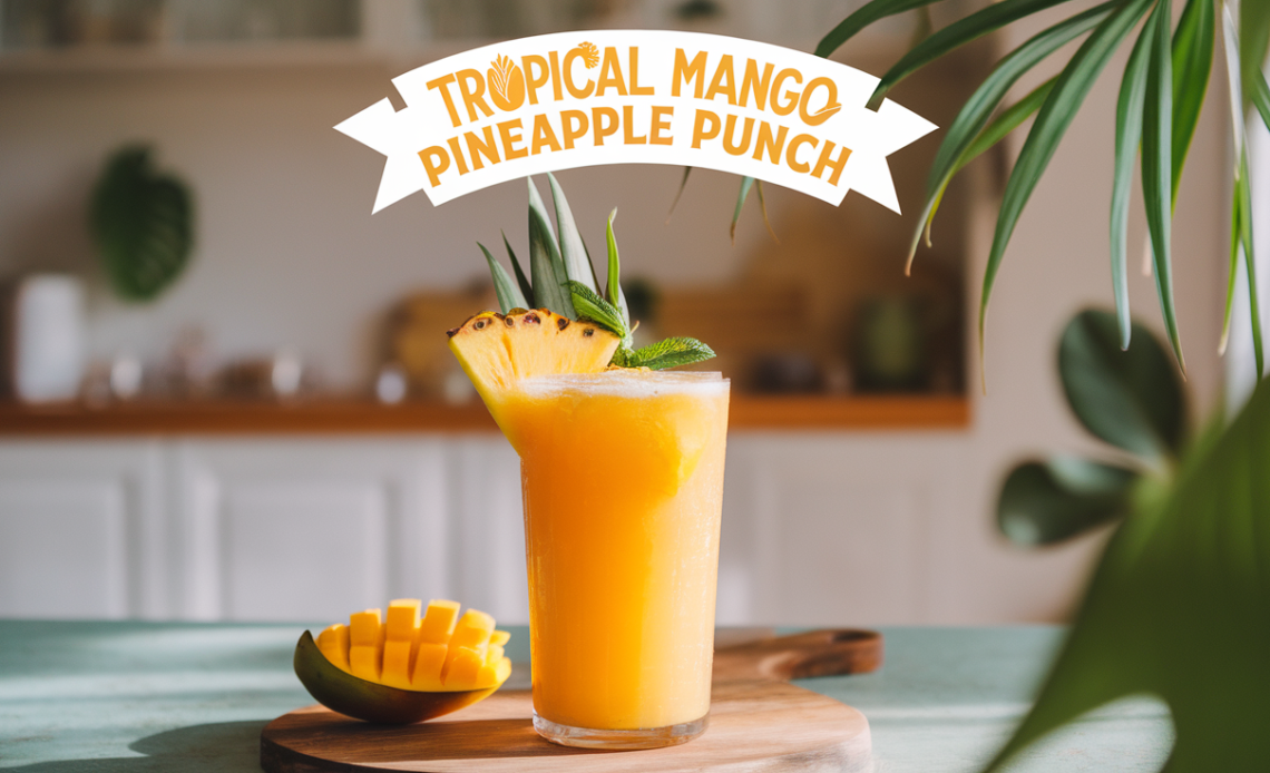 A refreshing glass of Tropical Mango Pineapple Punch garnished with a slice of mango and pineapple on the rim, set against a vibrant tropical backdrop.