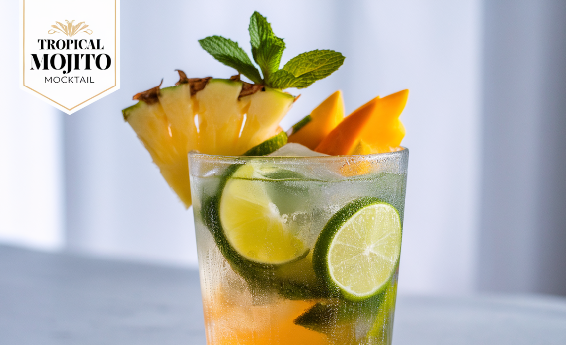 A refreshing Tropical Mojito Mocktail in a tall glass, garnished with mint leaves, pineapple wedges, and lime slices, served over ice.