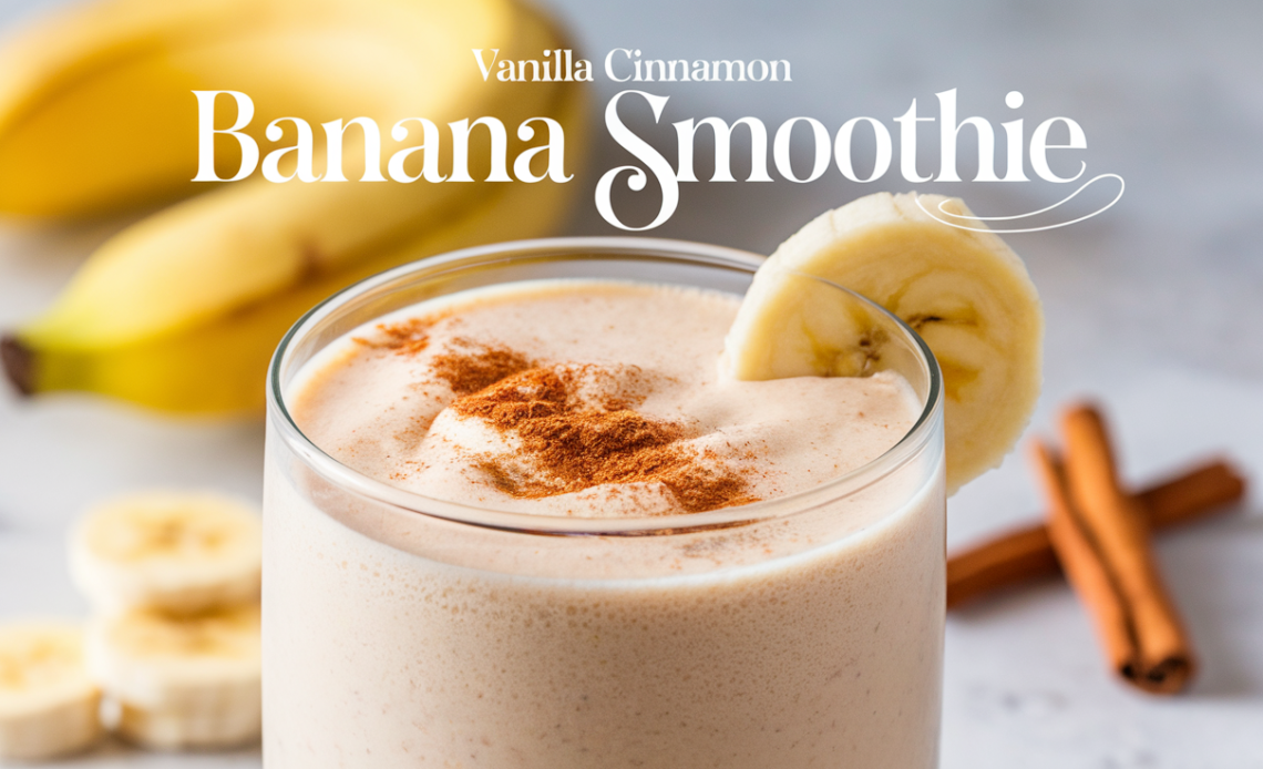 A creamy vanilla cinnamon banana smoothie in a glass, topped with a sprinkle of cinnamon and banana slices, served with a straw.