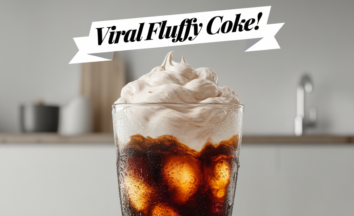 A tall glass of viral fluffy Coke topped with a creamy, whipped foam layer, served with ice and a straw, next to a can of Coca-Cola.