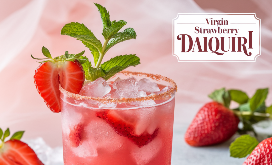 A vibrant Virgin Strawberry Daiquiri in a glass, garnished with a fresh strawberry and a lime wedge, served on the rocks with a colorful straw.