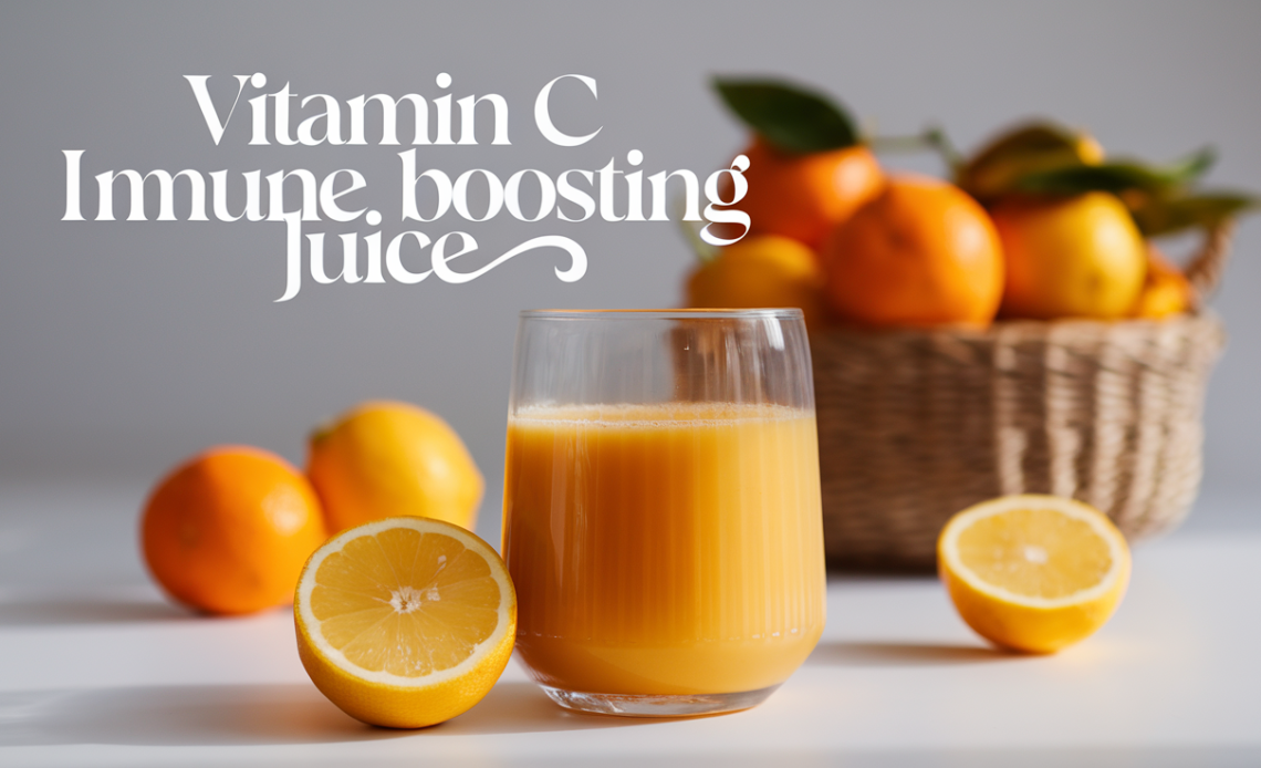 A vibrant glass of Vitamin C Immune Boosting Juice, filled with orange, lemon, and ginger slices, served over ice with a sprig of mint.