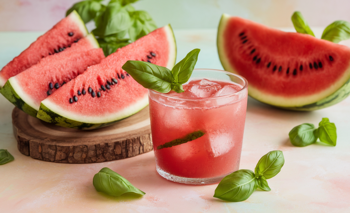 A refreshing Watermelon Basil Smash cocktail garnished with fresh basil leaves and watermelon chunks in a glass.