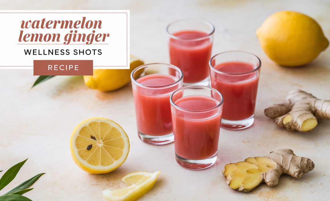 Small glass wellness shots filled with vibrant red watermelon lemon ginger juice, garnished with a lemon slice and fresh ginger on the side.