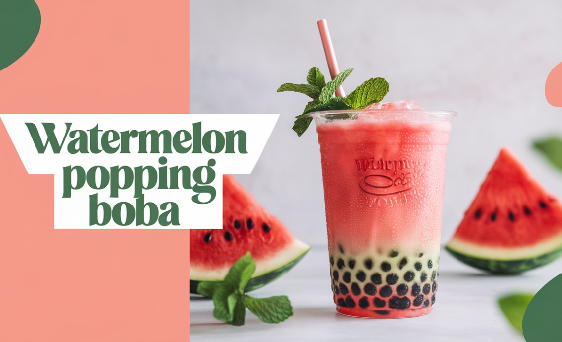 A refreshing glass of watermelon juice topped with vibrant red watermelon popping boba, served with a wide straw and garnished with fresh mint.
