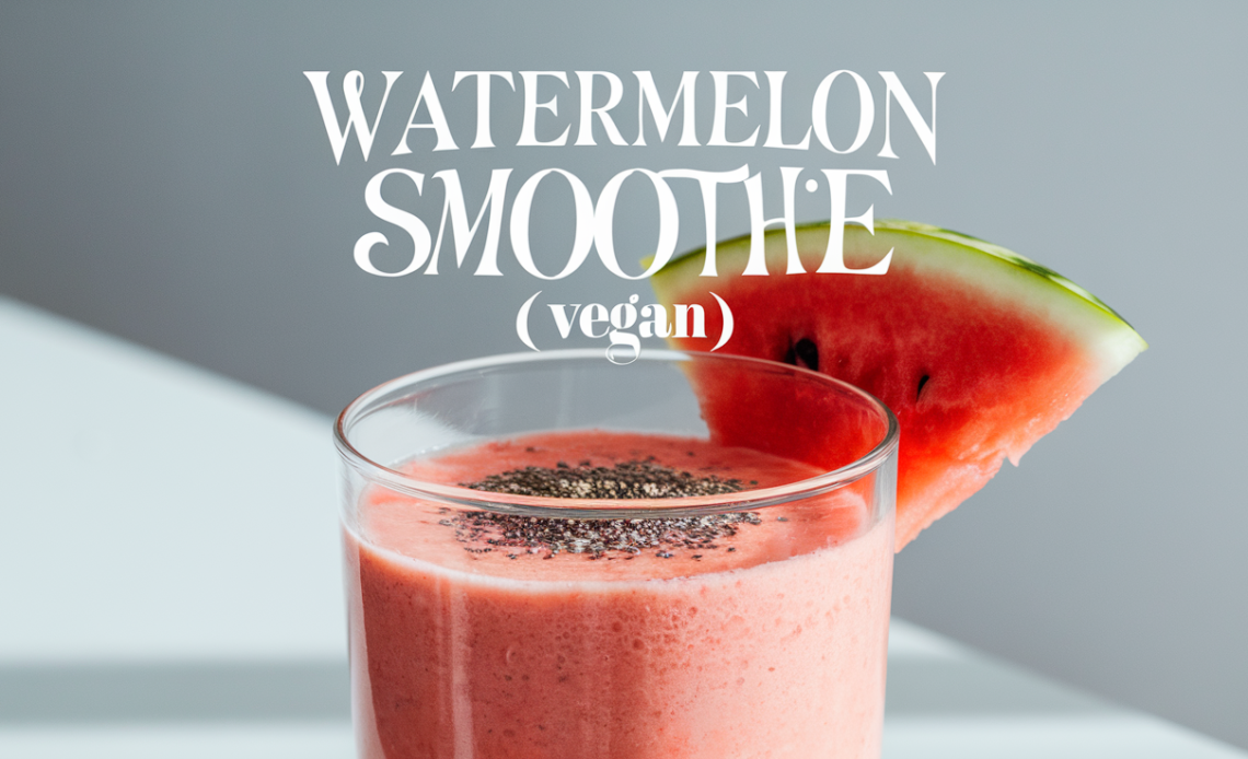A refreshing vegan watermelon smoothie in a glass, garnished with fresh mint leaves and watermelon slices, served with a straw.
