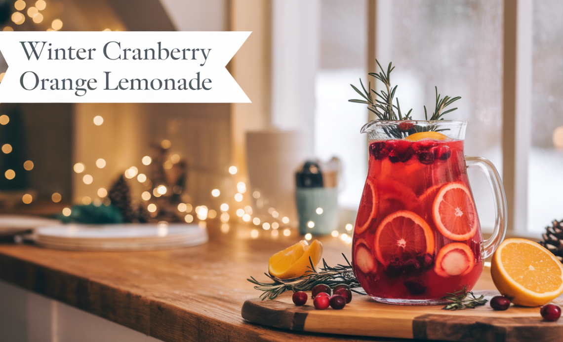 A festive glass of winter cranberry orange lemonade garnished with fresh cranberries, orange slices, and rosemary, served over ice.