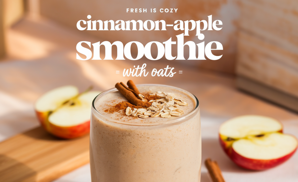 A creamy cinnamon-apple smoothie topped with a sprinkle of cinnamon and oats, served in a glass with a straw and fresh apple slices on the side.