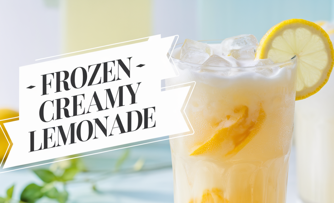 A refreshing glass of frozen creamy lemonade topped with a slice of lemon and a sprig of mint, set against a light, summery background.