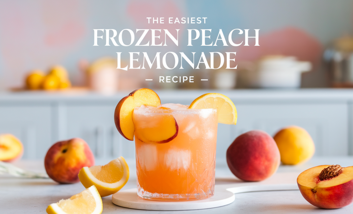 A refreshing glass of frozen peach lemonade garnished with a lemon slice and fresh mint, served in a mason jar with crushed ice.