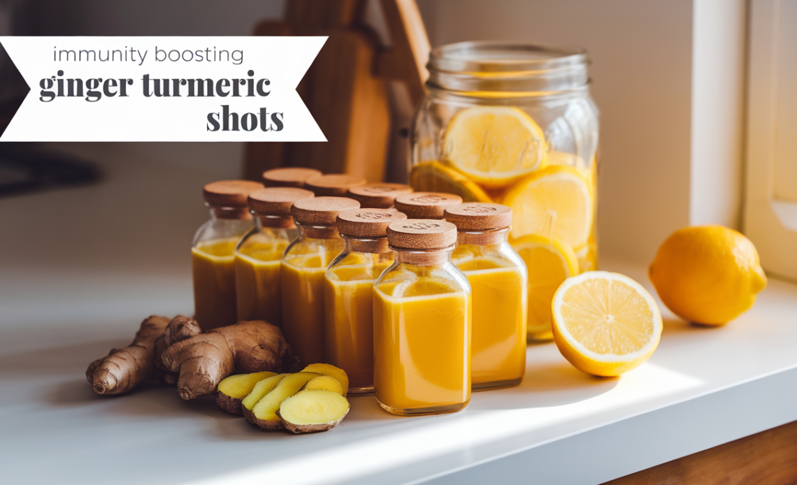Small glass bottles filled with bright yellow ginger turmeric shots, surrounded by fresh turmeric roots, ginger, and lemon slices on a wooden surface.