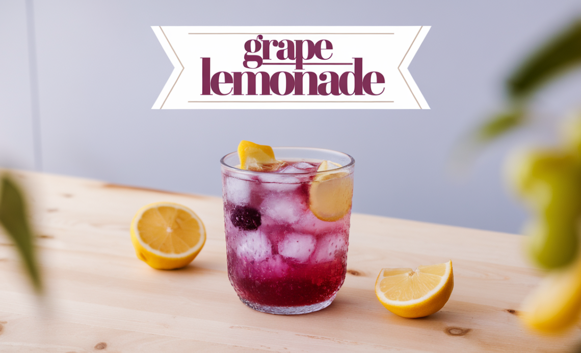 A glass of chilled grape lemonade with a rich purple hue, served over ice and garnished with lemon slices and fresh grapes.