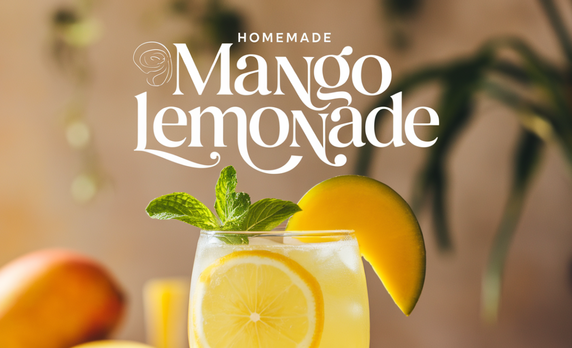 A refreshing glass of homemade mango lemonade, served with ice and garnished with fresh mango slices and a lemon wedge.