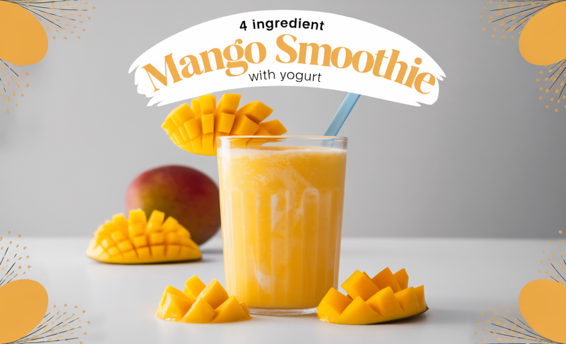 A creamy, vibrant mango smoothie made with yogurt, served in a glass with a slice of mango on the rim and a mint leaf garnish.