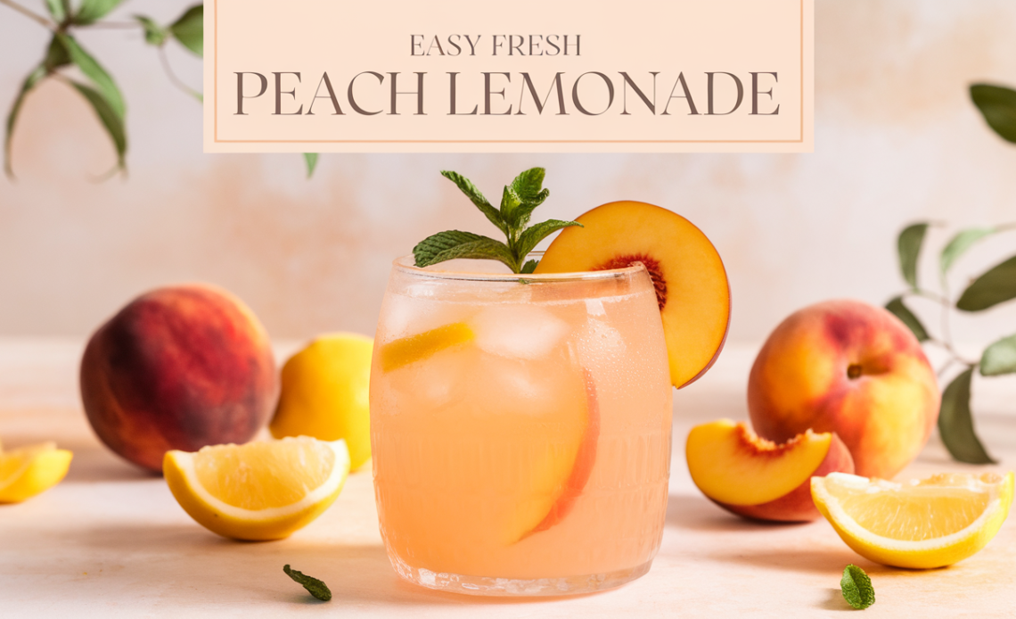 A glass of refreshing fresh peach lemonade with slices of peach and lemon, served over ice with a mint garnish.