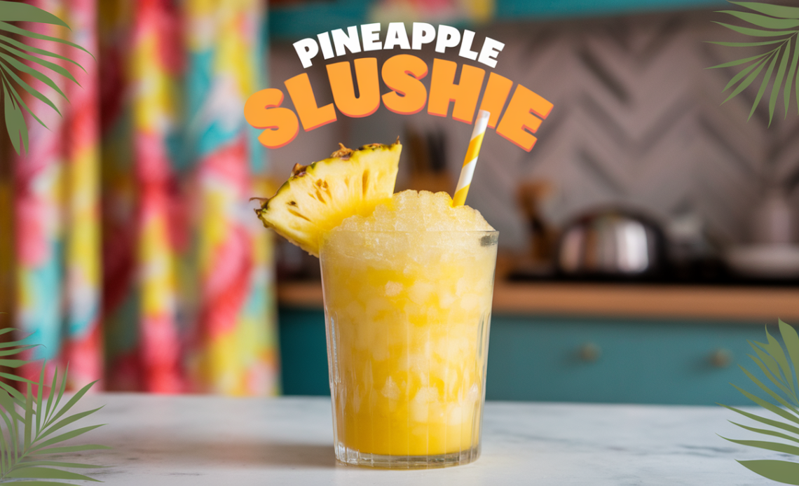 A refreshing pineapple slushie in a clear glass with ice, garnished with a slice of fresh pineapple and a colorful straw.