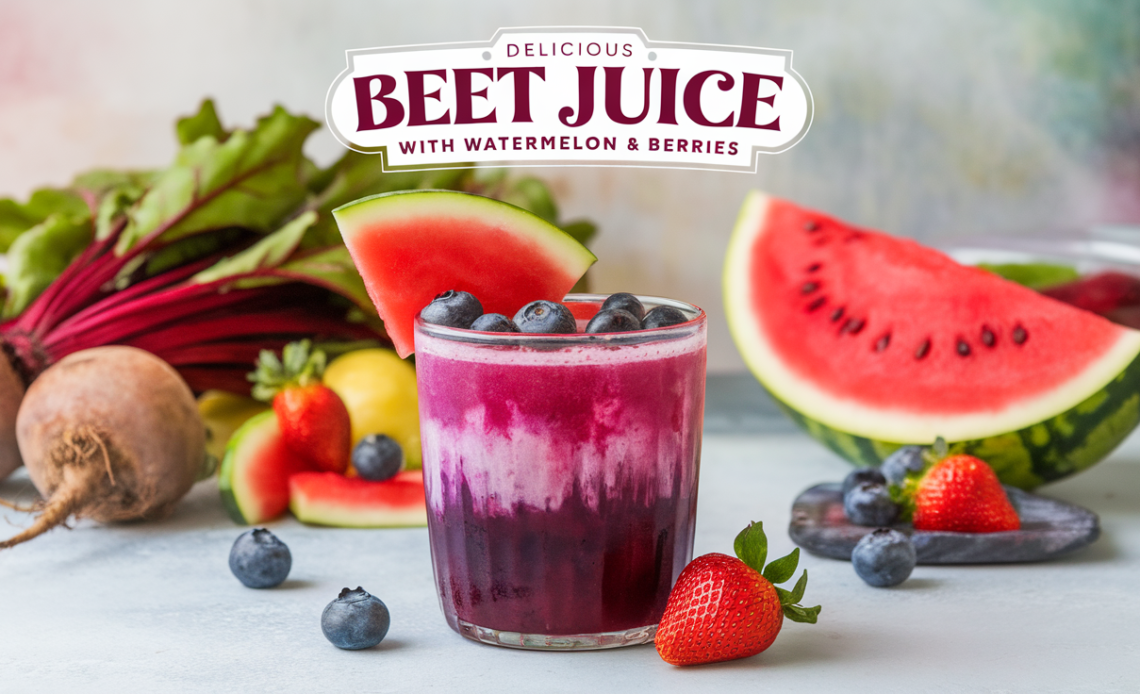 A vibrant glass of beet juice with watermelon and berries, garnished with mint leaves, served on a wooden table with fresh fruits around.