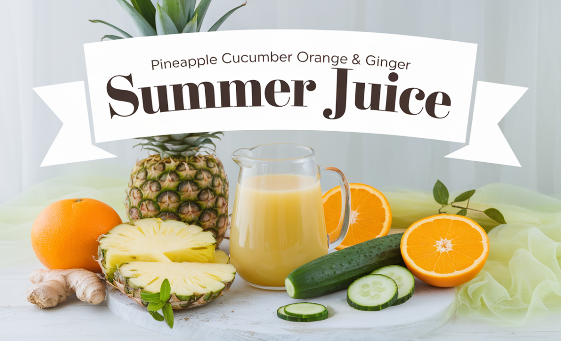A vibrant glass of pineapple cucumber orange and ginger juice, served over ice with fresh fruit slices and mint leaves as garnish.