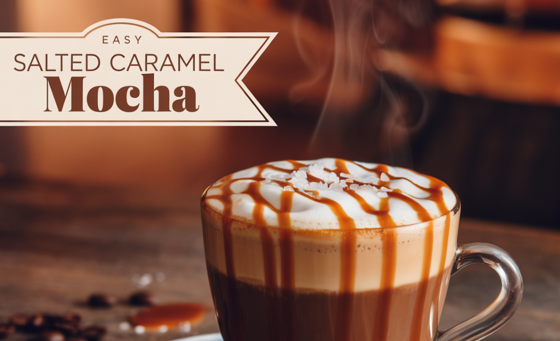 A cup of easy salted caramel mocha with whipped cream and a sprinkle of caramel drizzle, placed on a wooden table with a cozy ambiance.