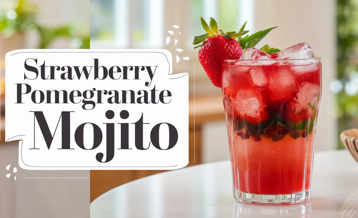 A refreshing strawberry pomegranate mojito served in a clear glass with mint leaves, lime wedges, and pomegranate seeds, garnished with a colorful straw.