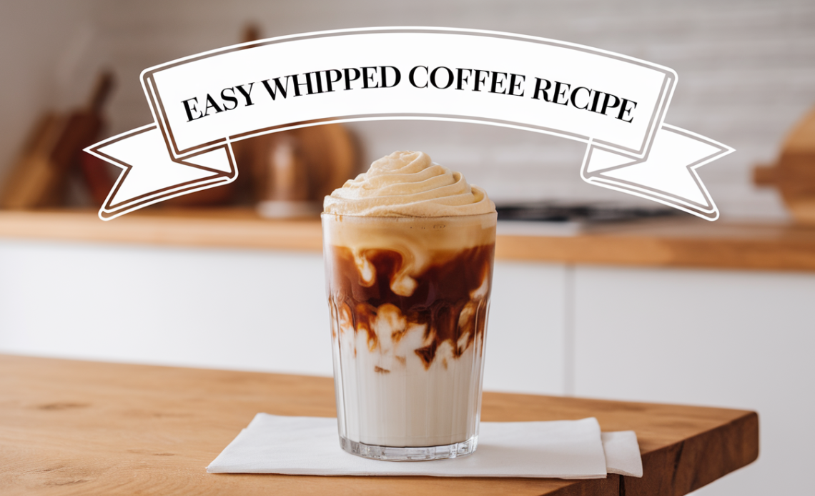 A glass of whipped coffee with creamy, fluffy coffee foam layered over iced milk, served with a spoon and sprinkled with a dash of cocoa powder.