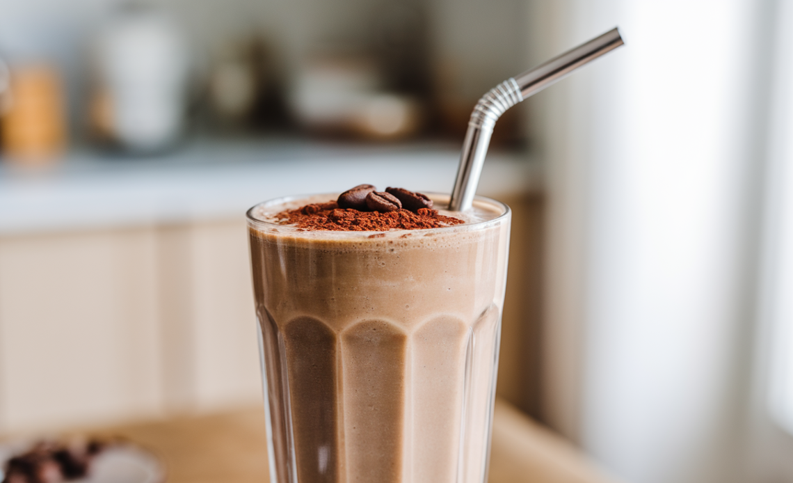 A refreshing 4-ingredient breakfast coffee smoothie in a glass, garnished with a sprinkle of cocoa and a cinnamon stick, set on a wooden table with a cozy breakfast setting.