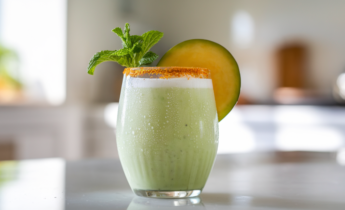 A glass of chilled Aam Panna, a green-hued raw mango cooler, garnished with mint leaves and served with ice cubes.