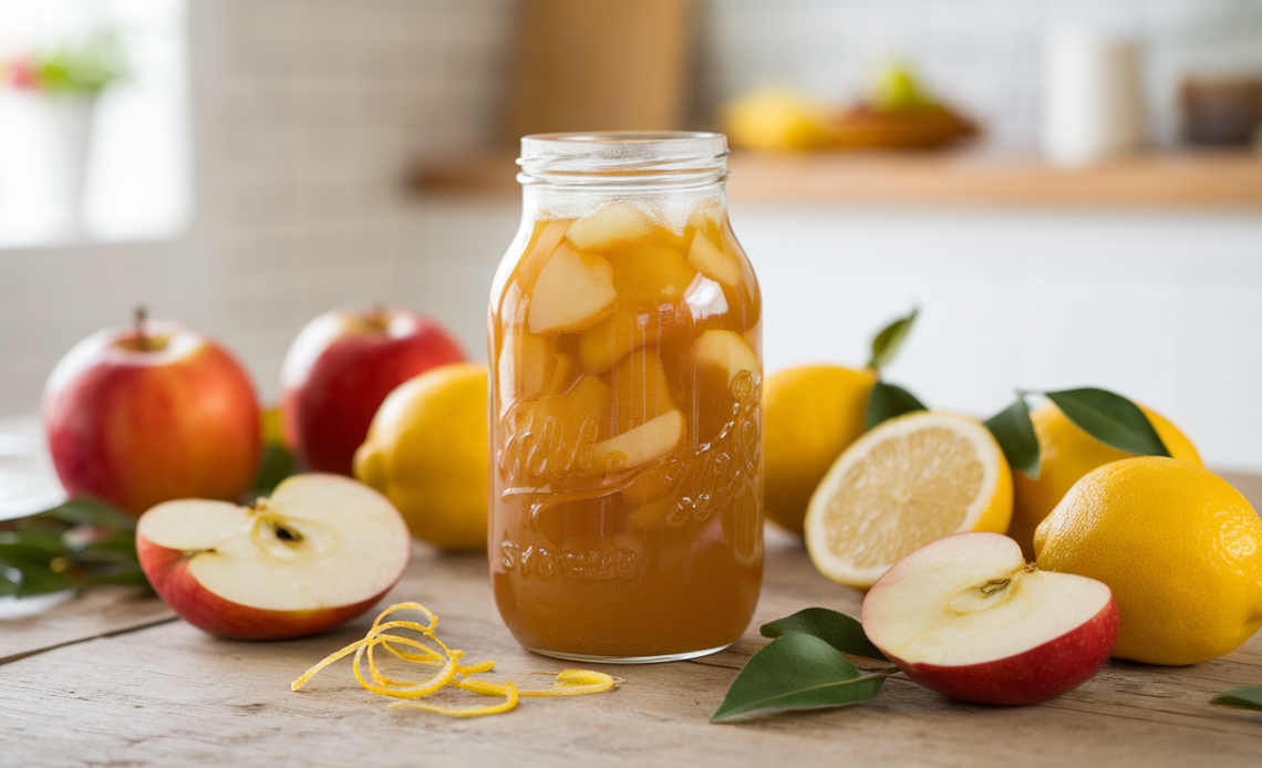 A bottle of homemade apple-lemon cheong syrup surrounded by fresh apples and lemons on a rustic wooden table.