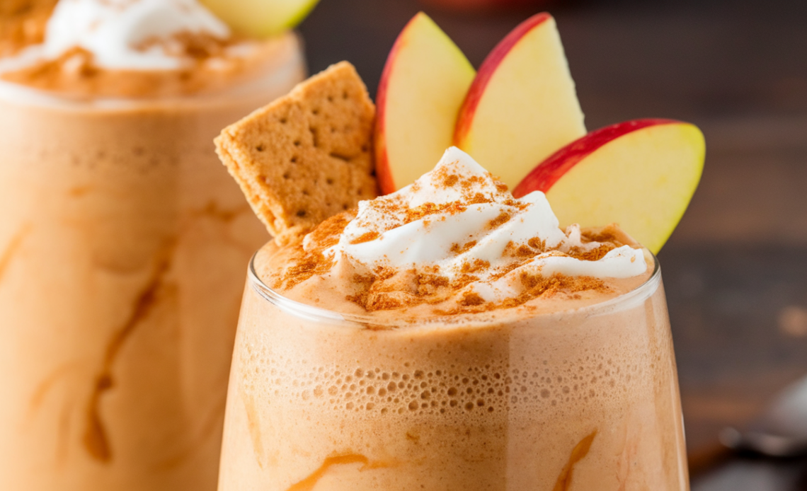 A delicious and creamy apple pie smoothie topped with cinnamon and apple slices.