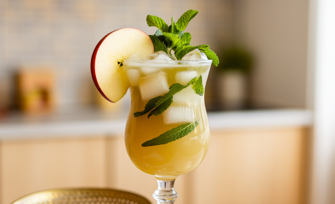 Refreshing Apple Sharbat served in a glass with ice cubes, garnished with mint leaves, and slices of apple.