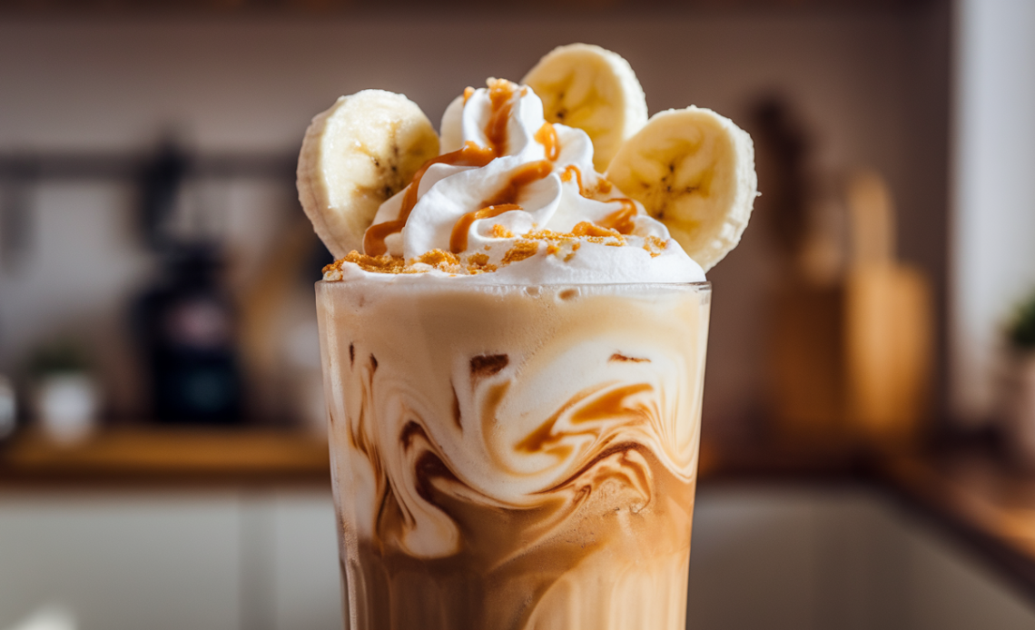 Banana Cream Pie Iced Coffee topped with whipped cream and a sprinkle of banana crumbs.
