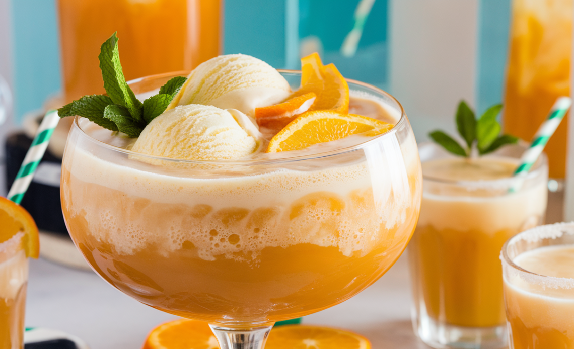 Colorful glass of Orange Dreamsicle Punch with a vibrant orange hue, topped with a slice of orange and a cherry garnish.